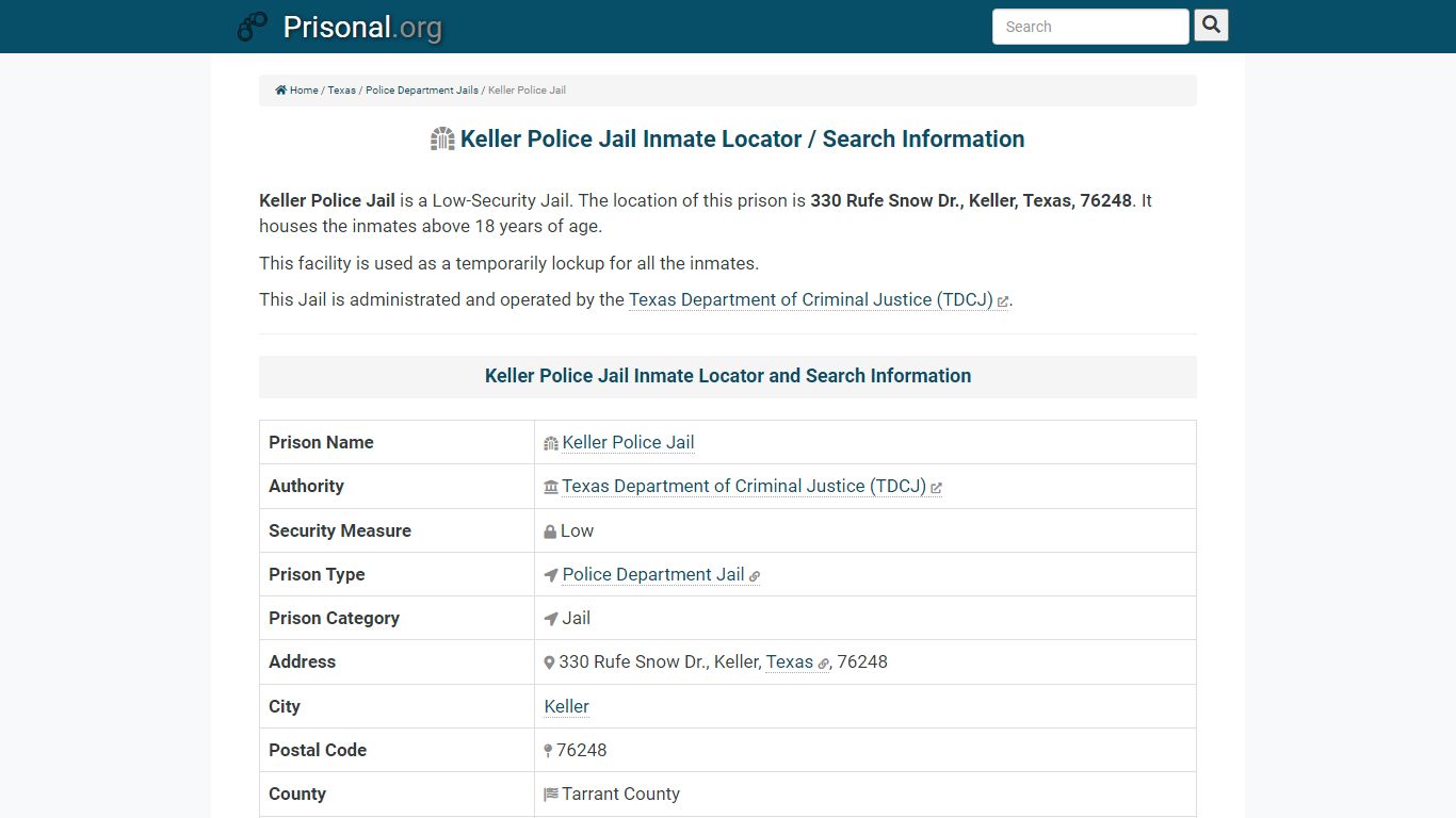 Keller Police Jail Inmate Locator / Search Information